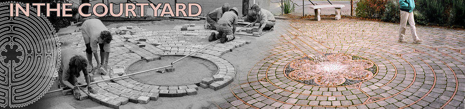 Image of people making a labyrinth next to an image of someone walking the finished labyrinth.
